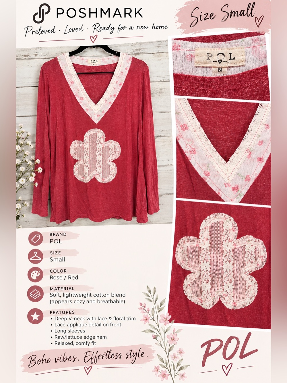 POL Rose-Pink V-Neck Long Sleeve Top with White Lace Applique